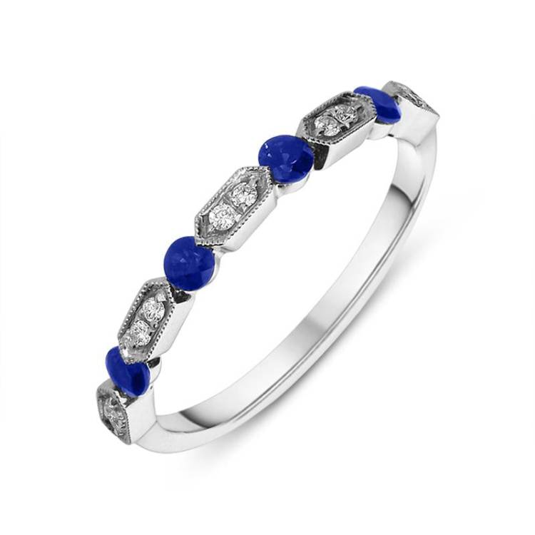 18ct White Gold Sapphire Diamond Vintage Style Half Eternity Ring - Option1 Value White Gold