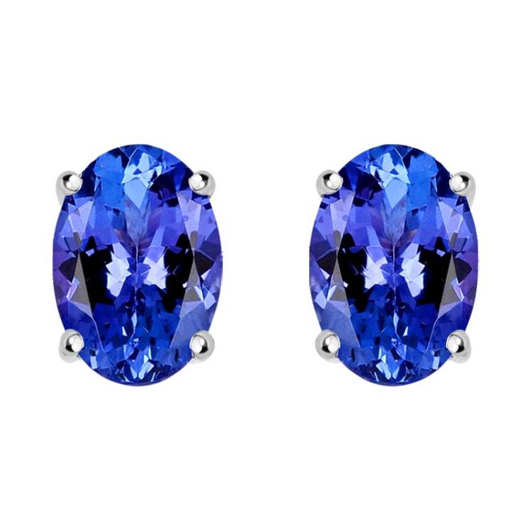18ct White Gold Tanzanite 6x4mm Oval Claw Set Stud Earrings