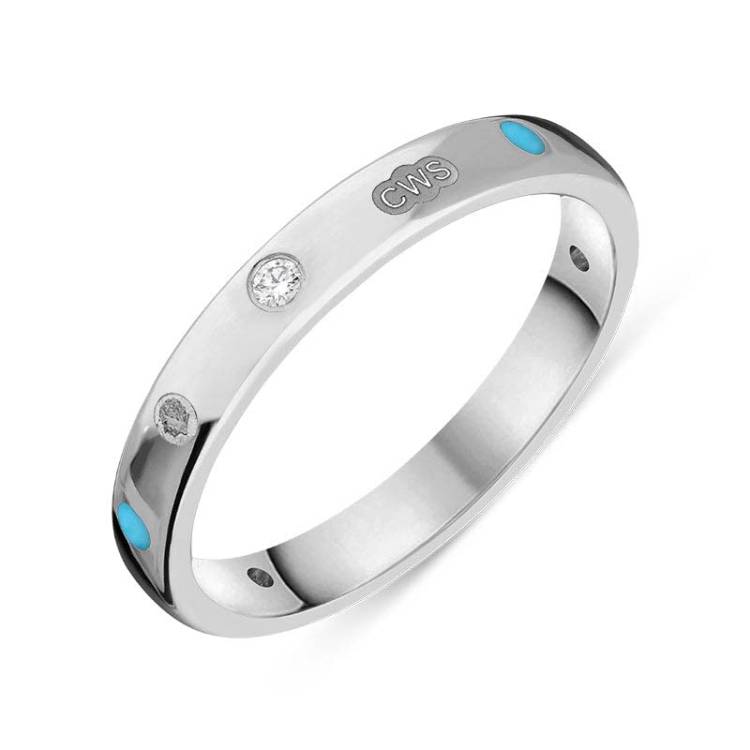 9ct White Gold 0.06ct Diamond Turquoise King's Coronation Hallmark 3mm Ring - M
