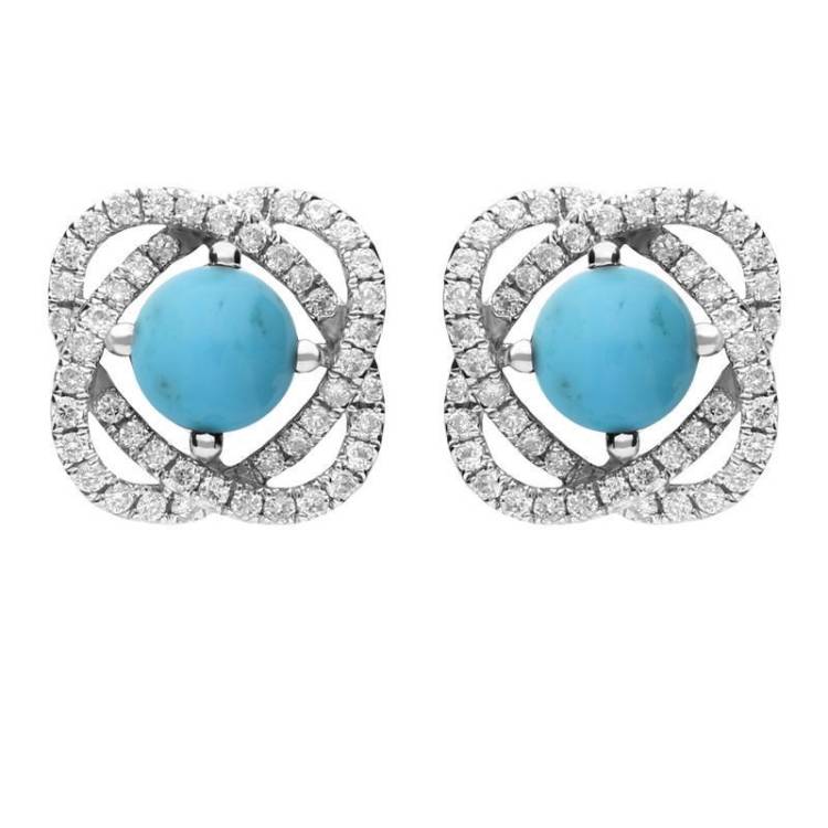 18ct White Gold Turquoise 0.31ct Diamond Swirl Stud Earrings