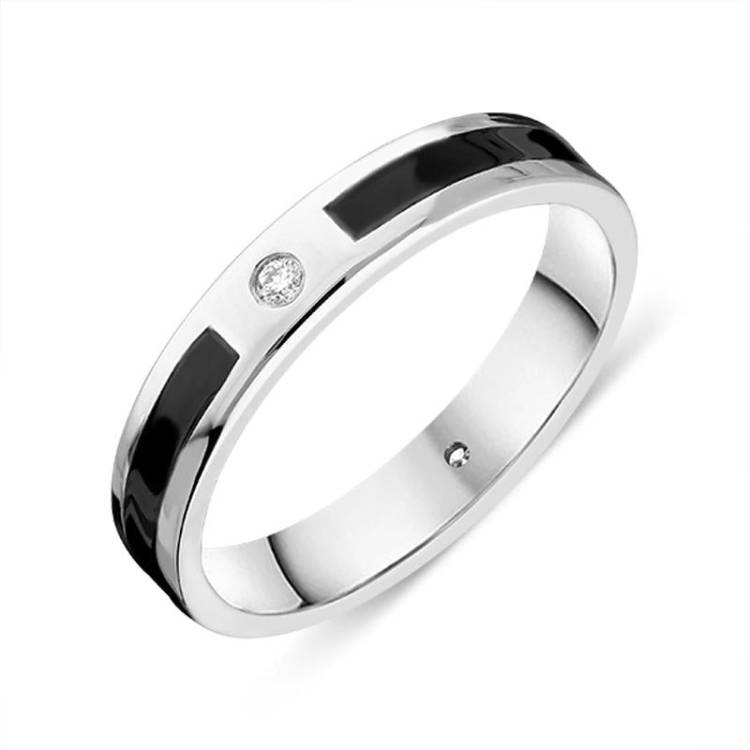 18ct White Gold Whitby Jet Diamond 4mm Patterned Wedding Band Ring - Gold