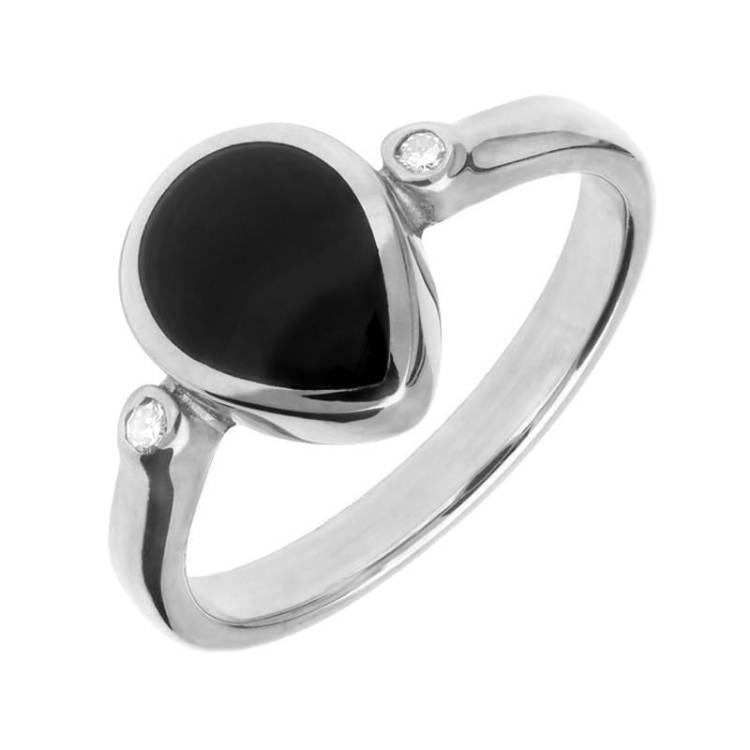 18ct White Gold Whitby Jet 0.04ct Diamond Pear Ring - White Gold