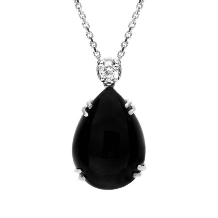 18ct White Gold Whitby Jet 0.07ct Diamond Claw Set Pear Necklace - White Gold
