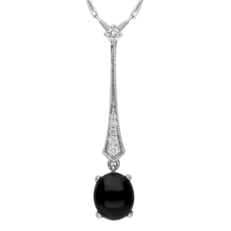 18ct White Gold Whitby Jet 0.08ct Diamond Oval Tapered Necklace - White Gold