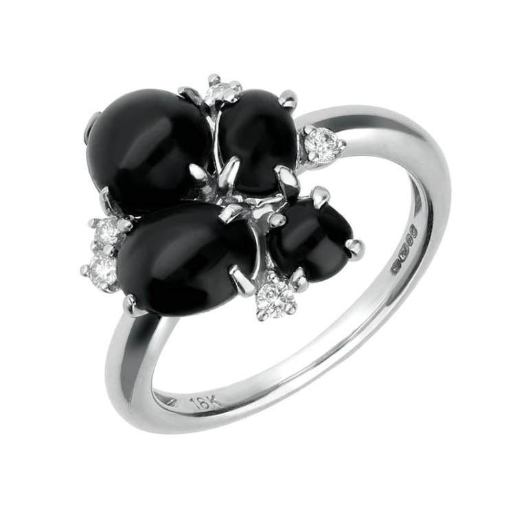18ct White Gold Whitby Jet 0.09ct Diamond 4 Stone Cluster Ring - R