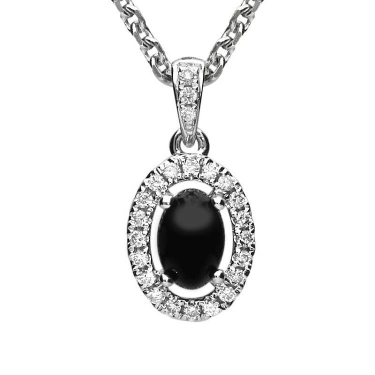 18ct White Gold Whitby Jet 0.09ct Diamond Oval Necklace - White Gold