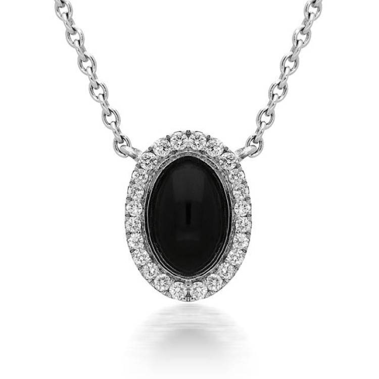 18ct White Gold Whitby Jet 0.10ct Diamond Oval Cluster Necklace - White Gold