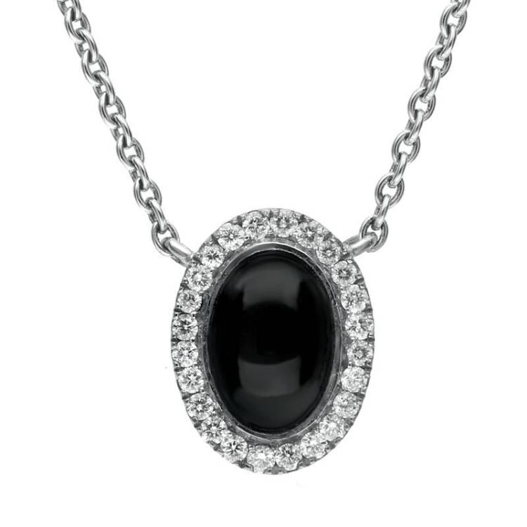18ct White Gold Whitby Jet 0.10cts Diamond Oval Cluster Necklace - White Gold
