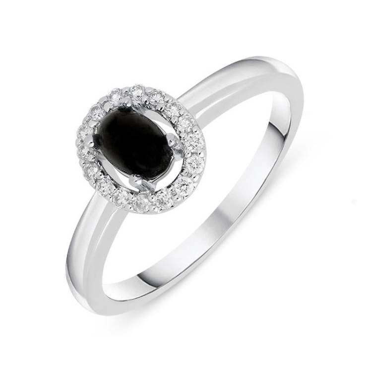 18ct White Gold Whitby Jet 0.12ct Diamond Cluster Ring