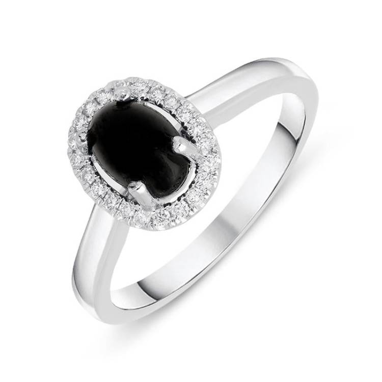 18ct White Gold Whitby Jet 0.12ct Diamond Oval Cluster Ring - Option1 Value White Gold