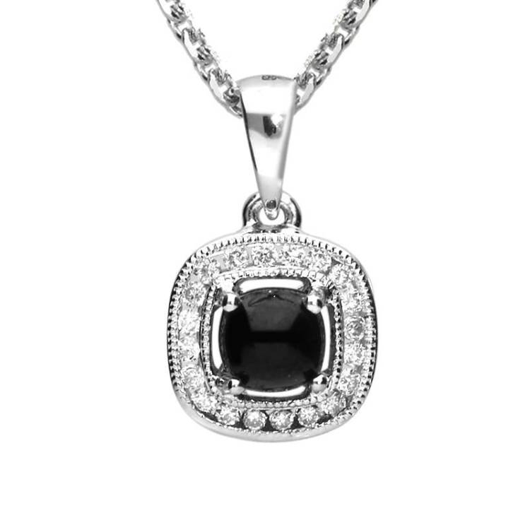 18ct White Gold Whitby Jet 0.13ct Diamond Cushion Necklace - White Gold