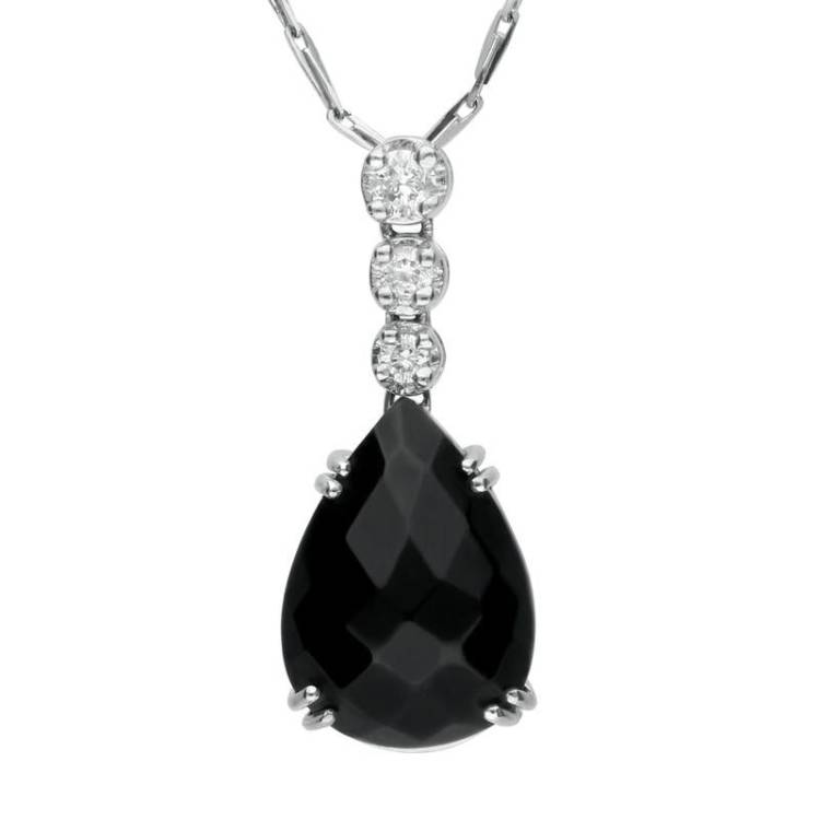 18ct White Gold Whitby Jet 0.14ct Diamond Faceted Pear Necklace D - White Gold