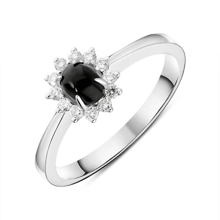 18ct White Gold Whitby Jet 0.14ct Diamond Oval Flower Ring - Z
