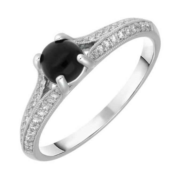 18ct White Gold Whitby Jet 0.15ct Diamond Claw Set Centre Ring