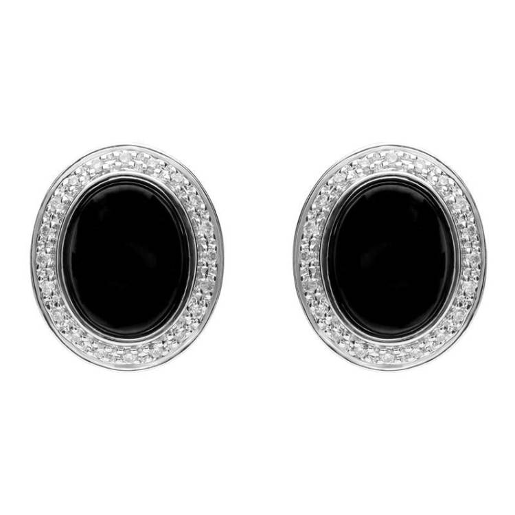 18ct White Gold Whitby Jet 0.15ct Diamond Oval Stud Earrings - White Gold