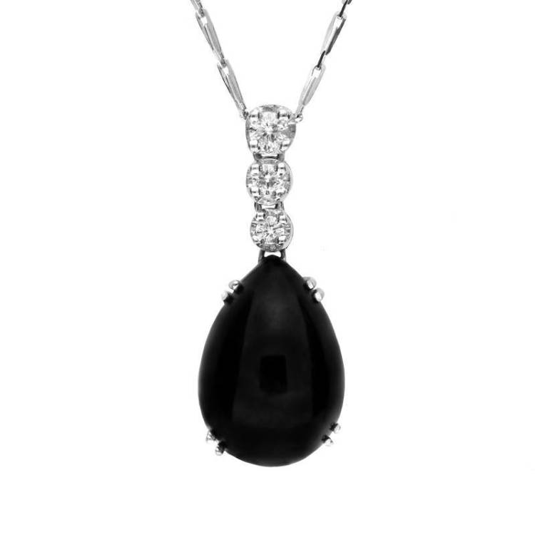 18ct White Gold Whitby Jet 0.15ct Diamond Pear Cut Necklace - White Gold