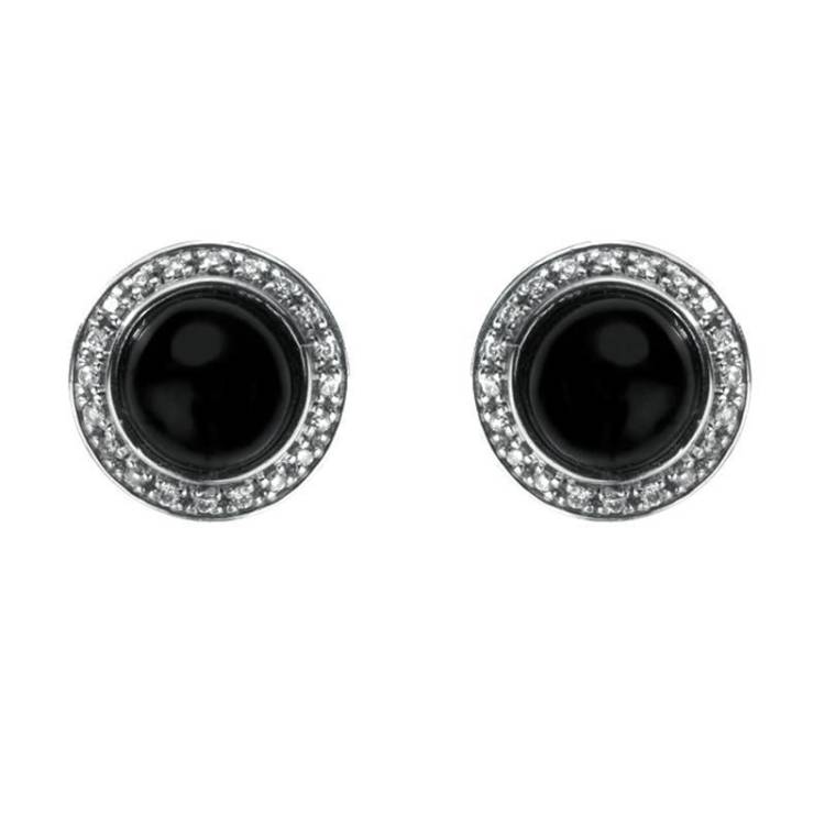 18ct White Gold Whitby Jet 0.15ct Diamond Round Pave Stud Earrings - White Gold
