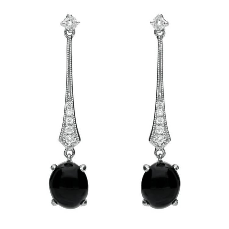 18ct White Gold Whitby Jet 0.16ct Diamond Long Drop Earrings D - White Gold