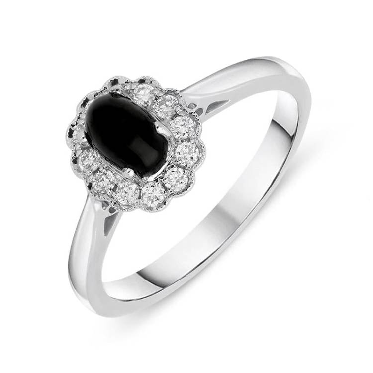 18ct White Gold Whitby Jet 0.16ct Diamond Milgrain Cluster Ring
