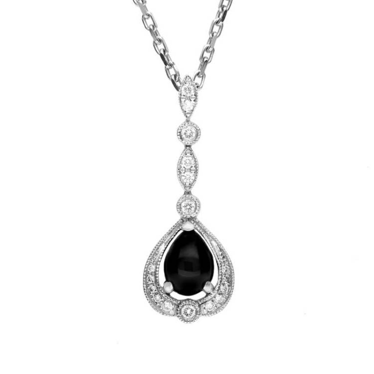 18ct White Gold Whitby Jet 0.16ct Diamond Pear Drop Necklace - White Gold