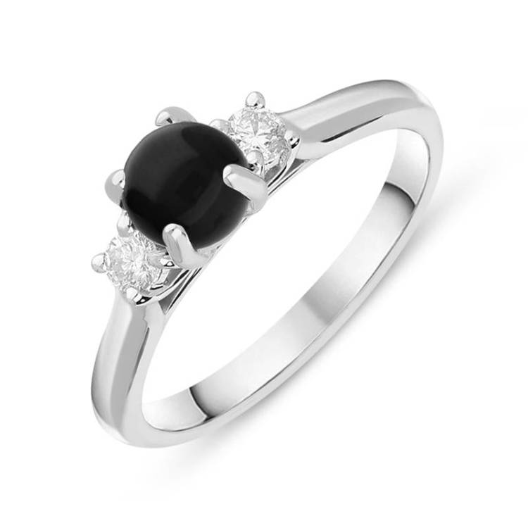 18ct White Gold Whitby Jet 0.16ct Diamond Round Claw Set Ring - Option1 Value White Gold