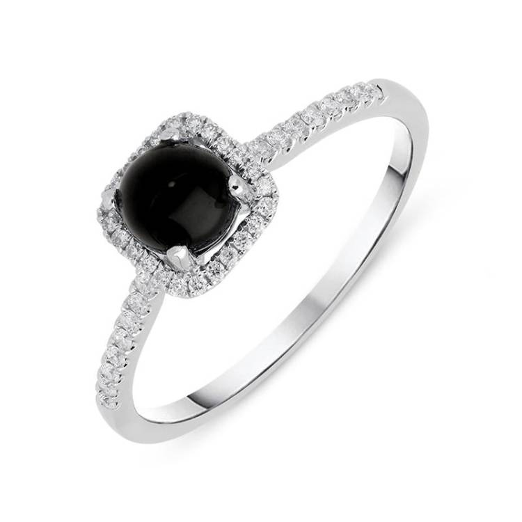 18ct White Gold Whitby Jet 0.16ct Diamond Square Cluster Ring - Option1 Value White Gold