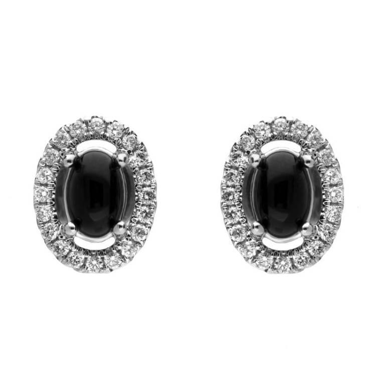 18ct White Gold Whitby Jet 0.18ct Diamond Oval Cluster Earrings - White Gold