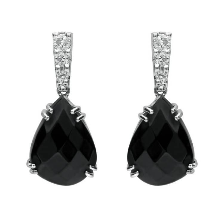18ct White Gold Whitby Jet 0.19ct Diamond Faceted Pear Drop Earrings - White Gold