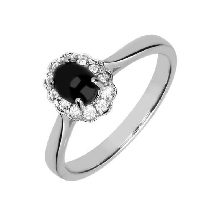 18ct White Gold Whitby Jet 0.19ct Diamond Oval Ring - White Gold