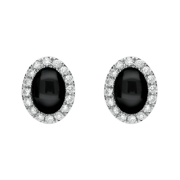 18ct White Gold Whitby Jet 0.20ct Diamond Oval Open Hearts Stud Earrings - White Gold