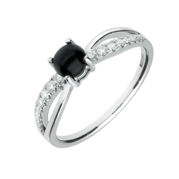 18ct White Gold Whitby Jet and 0.20ct Diamond Round Split Shoulder Ring