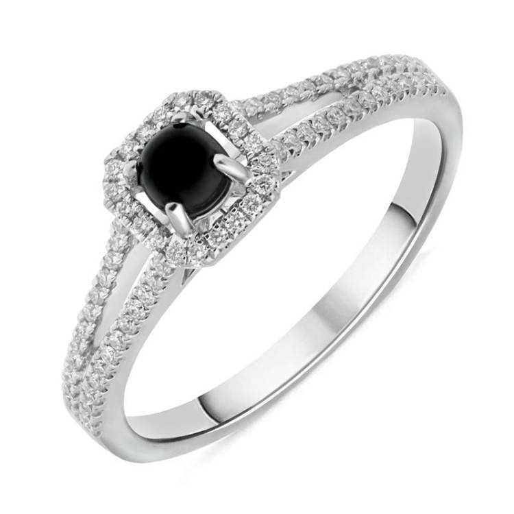 18ct White Gold Whitby Jet 0.21ct Diamond Cushion Split Shank Ring - White Gold