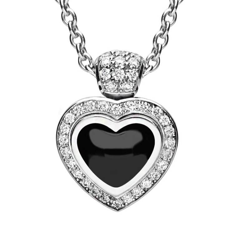 18ct White Gold Whitby Jet and Diamond Heart Necklace - White Gold
