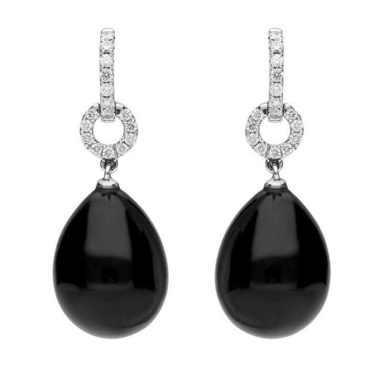 18ct White Gold Whitby Jet 0.22ct Diamond Round Drop Earrings - White Gold