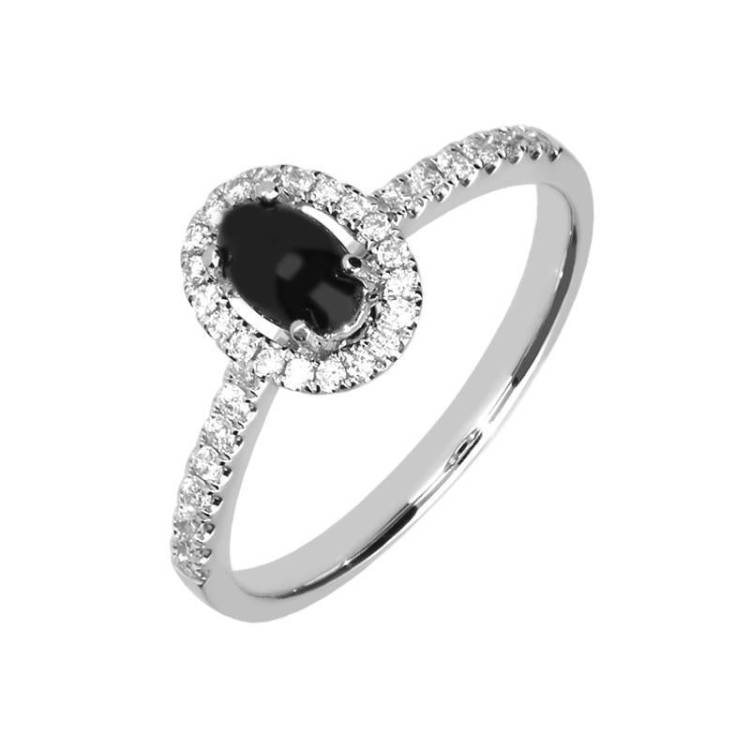 18ct White Gold Whitby Jet 0.23ct Diamond Oval Ring - White Gold