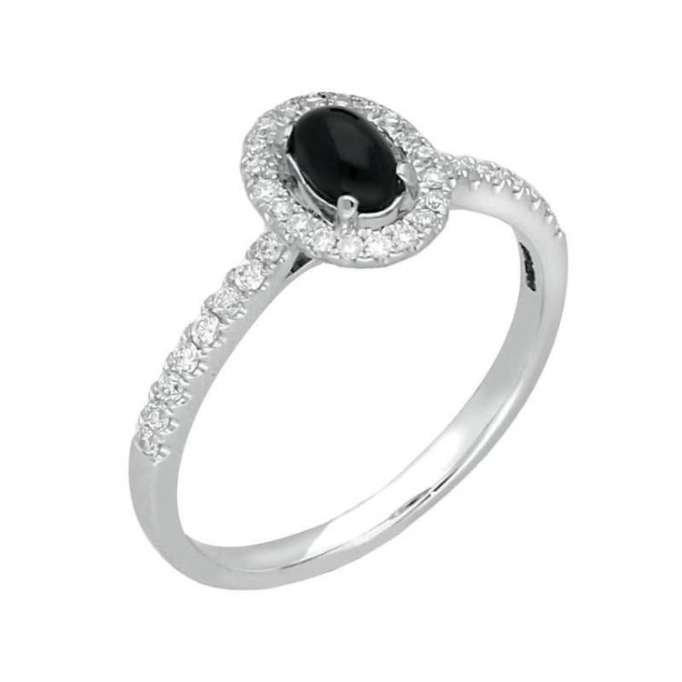 18ct White Gold Whitby Jet 0.24ct Diamond Claw Set Oval Centre Ring - I