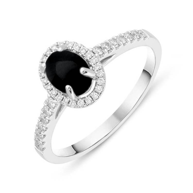 18ct White Gold Whitby Jet 0.24ct Diamond Oval Ring - Option1 Value White Gold