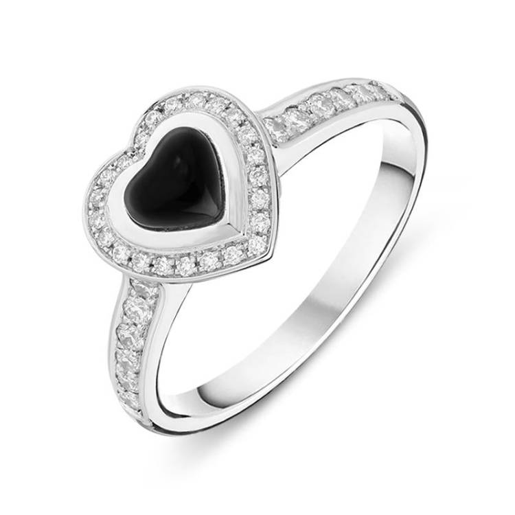 18ct White Gold Whitby Jet 0.24ct Diamond Shoulder Heart Ring D - M