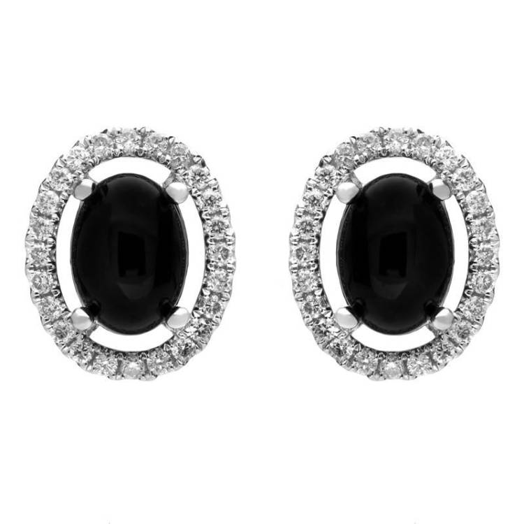18ct White Gold Whitby Jet 0.26ct Diamond Oval Stone Stud Earrings - Option1 Value White Gold
