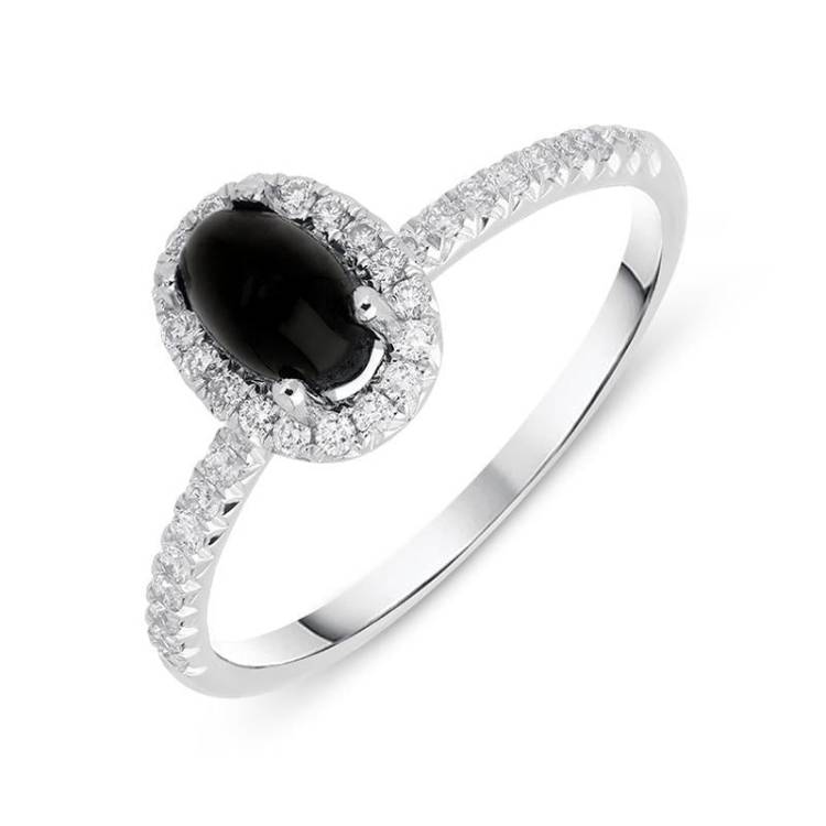 18ct White Gold Whitby Jet 0.27ct Diamond Oval Cluster Ring - T