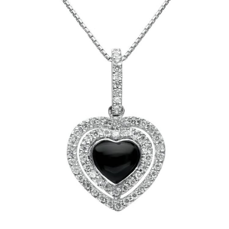 18ct White Gold Whitby Jet 0.30ct Diamond Heart Necklace - White Gold