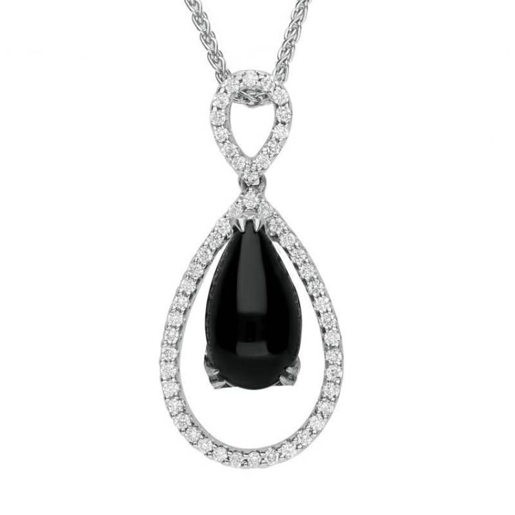 18ct White Gold Whitby Jet 0.31ct Diamond Open Pear Necklace D - White Gold