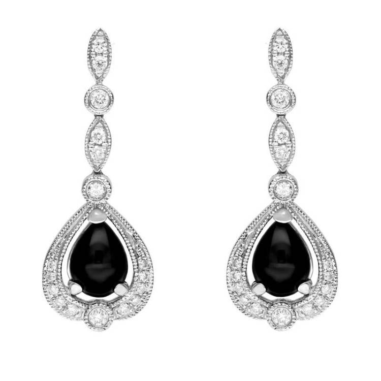 18ct White Gold Whitby Jet 0.31ct Diamond Pear Drop Earrings - White Gold