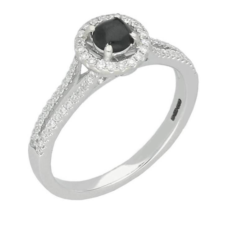 18ct White Gold Whitby Jet 0.31ct Diamond Round Split Shank Ring - White Gold