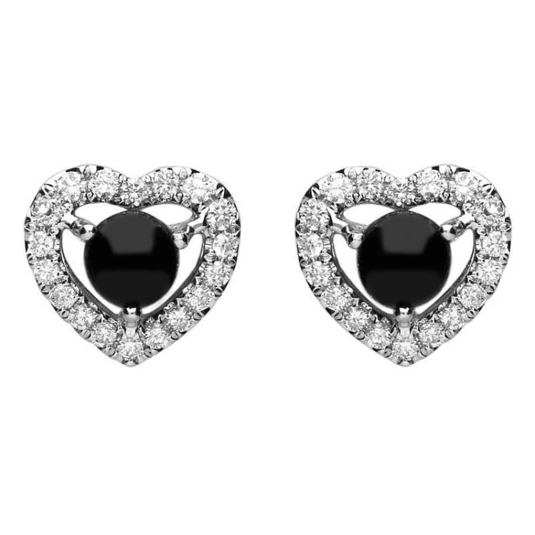 18ct White Gold Whitby Jet 0.33ct Diamond Heart Stud Earrings - White Gold