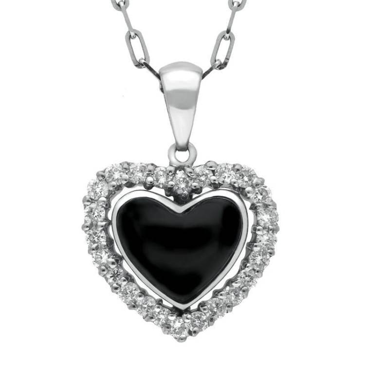 18ct White Gold Whitby Jet 0.34ct Diamond Heart Shaped Necklace - White Gold