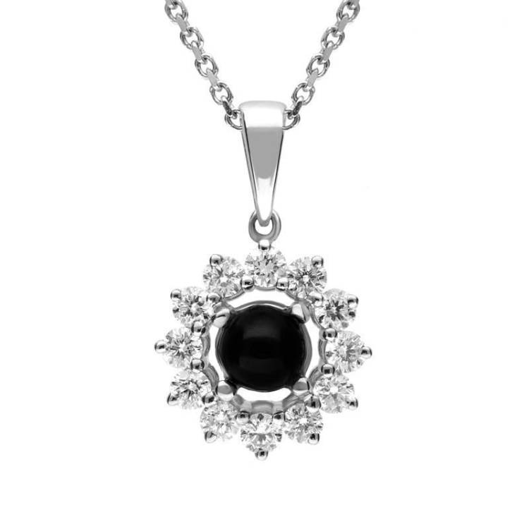 18ct White Gold Whitby Jet 0.35ct Diamond Round Centre Necklace - White Gold