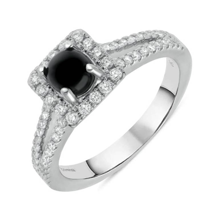 18ct White Gold Whitby Jet 0.38ct Diamond Cushion Split Shank Ring - T