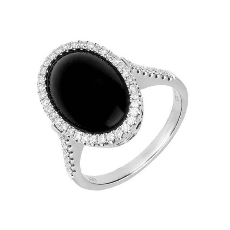18ct White Gold Whitby Jet 0.38ct Diamond Open Heart Ring - White Gold