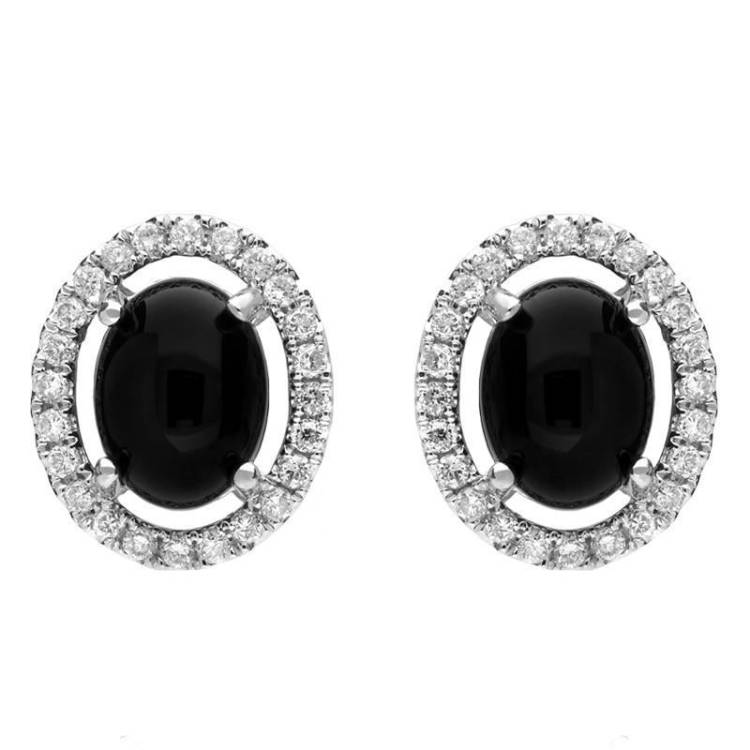 18ct White Gold Whitby Jet 0.38ct Diamond Oval Centre Stud Earrings - White Gold
